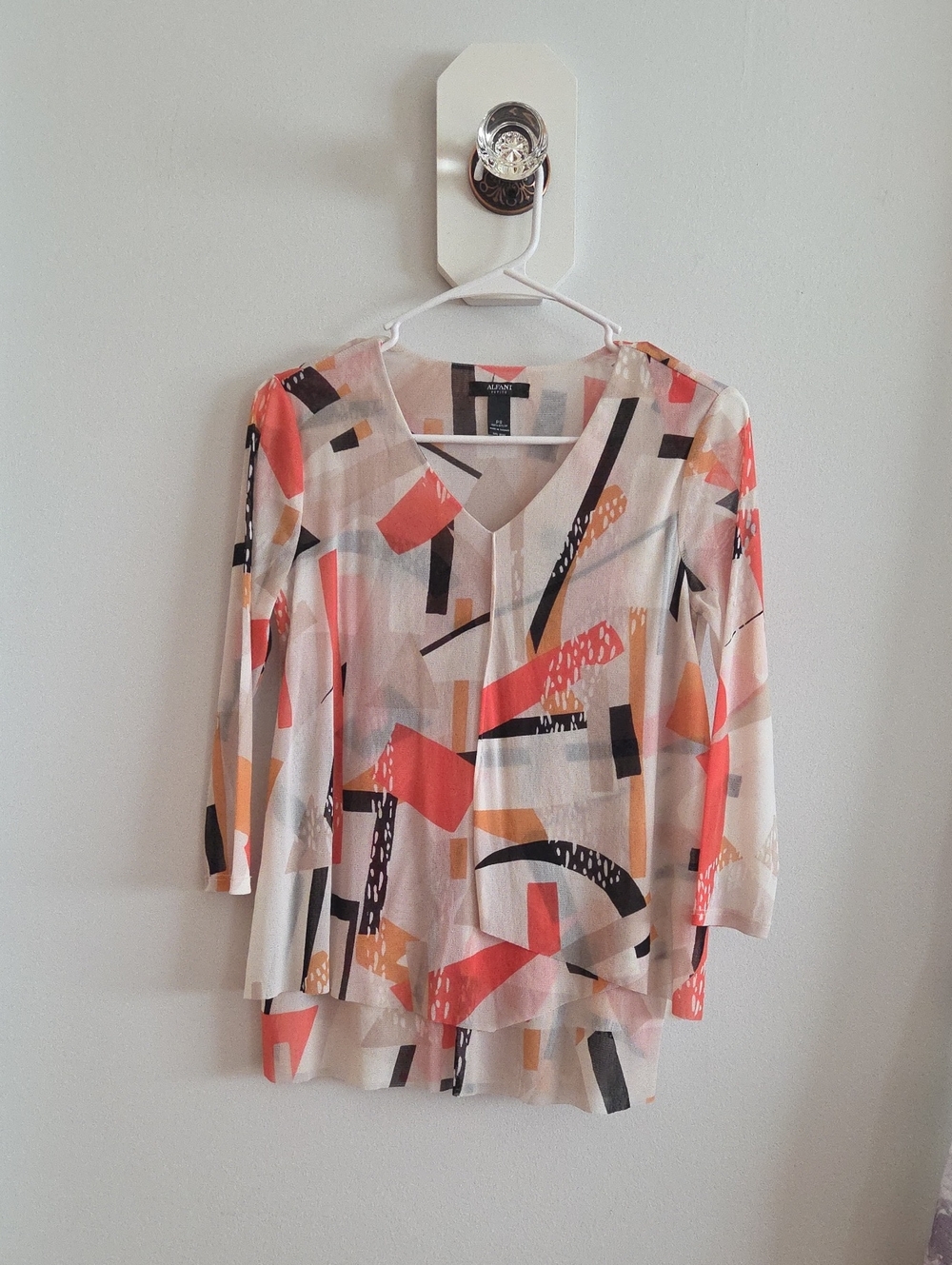 Alfani Coral & Black Abstract Geometric V-Neck Blouse